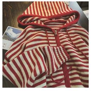 Knit Cozy Red and White Striped Hoodie